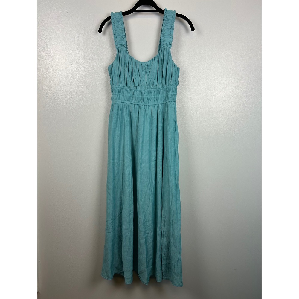 August Sky Maxi Dress Small Smocked Bodice Square Neck Milkmaid Teal Blue - Picture 2 of 9